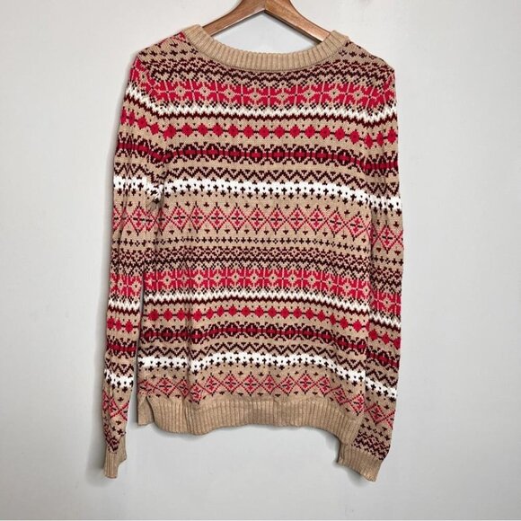 Lands End Womens Size Small Tan Pink Fairisle V Neck Cotton Sweater Holidays - Picture 2 of 11